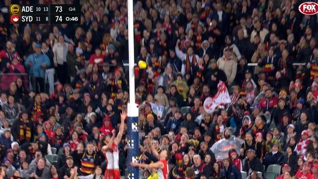 Ben Keays’ goal that was incorrectly deemed a point. Picture: Fox Sports