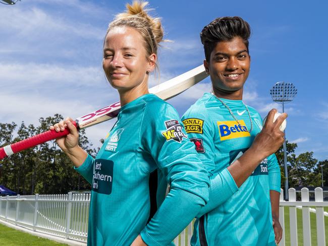 Brisbane Heat stars Danni Wyatt (left) and Pooja Vastrakar are ready to take on the Melbourne Renegades. Picture: Richard Walker