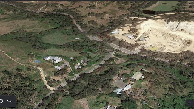 Views of Carey Gully Quarry, which is owned by Basket Range Sandstone. Aerial shots from Google Earth show houses nearby.