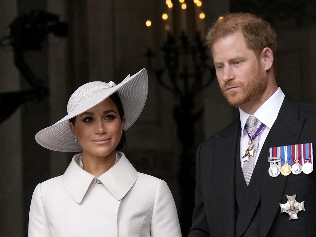 Prince Harry and Meghan Markle on the second of four days of celebrations to mark the Platinum Jubilee. Picture: WPA Pool/Getty Images