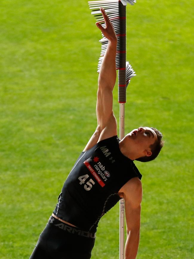 Connor Rozee performs the jumping test during the AFL Draft Combine at Marvel Stadium. Picture: Michael Willson/AFL Media/Getty Images