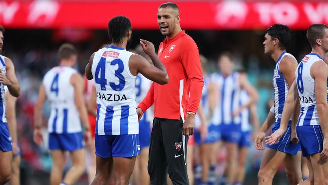 Lance Franklin injured his finger against North Melbourne. Picture: Getty Images