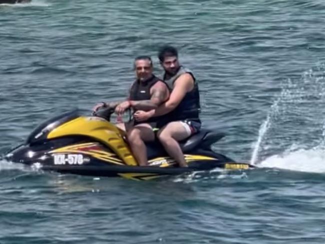 Two men on a jet ski have been blasted online after a video showed them "chasing" dolphins. Picture: Jessica Beckham/Instagram