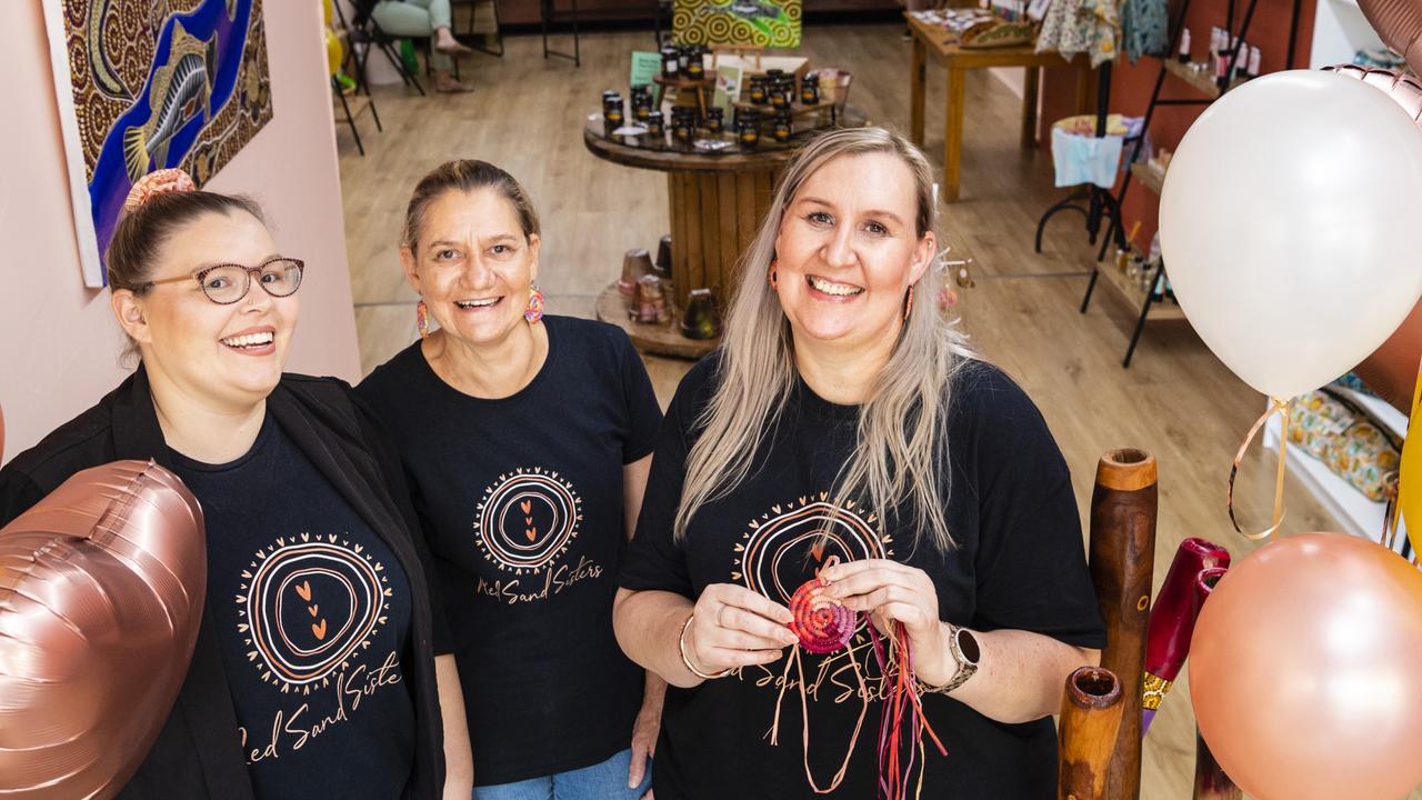 Red Sand Sisters co-owners (from left) Lisa-May, Morya and Natasha Rossington during opening day celebrations in their Margaret St shop. Picture: Kevin Farmer