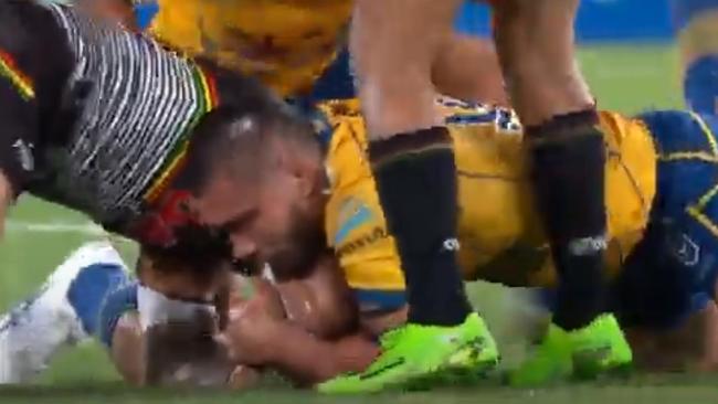 A fresh angle of the Jarome Luai ‘kick’ in the grand final shows minimal contact with Eels backrower Isaiah Papali’I. Picture: Channel 9