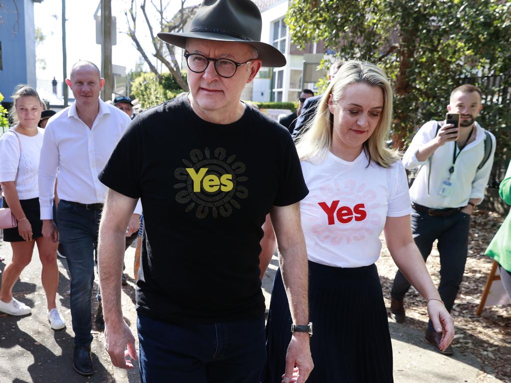 Prime Minister Anthony Albanese with partner Jodie Haydon at the Balmain Public School polling station in Sydney’s inner west on Referendum Day. Picture: Tim Hunter.