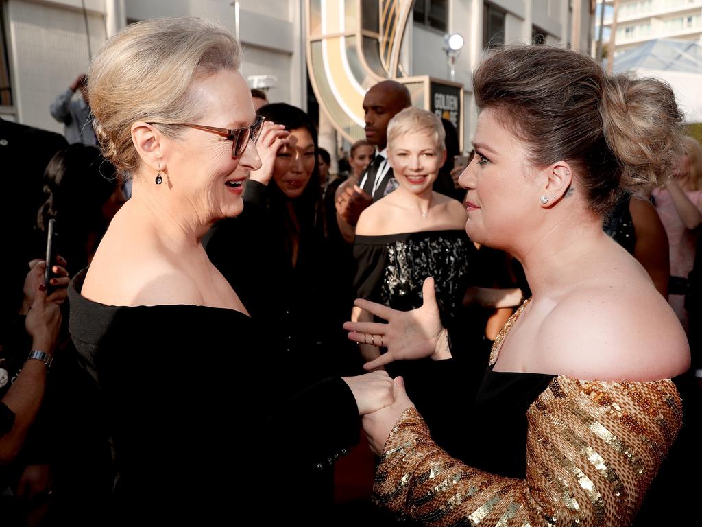 Meryl Streep and Kelly Clarkson attend The 75th Annual Golden Globe Awards at The Beverly Hilton Hotel on January 7, 2018 in Beverly Hills, California. Picture: Getty