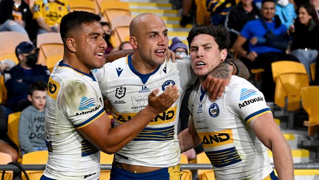 Blake Ferguson celebrates a try with his Eels teammates. Picture: Bradley Kanaris/Getty Images