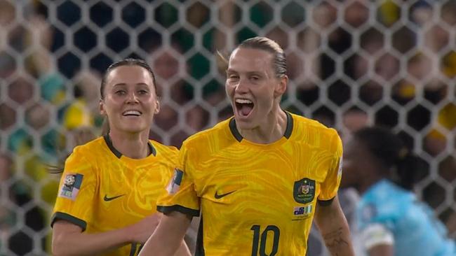 Australia's midfielder Emily van Egmond scores in the match between Australia and Nigeria at Brisbane Stadium in Brisbane on July 27, 2023.