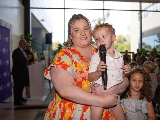 Arlo sang a song about trains after getting the microphone from his mother Bronte Santos. Picture: Mark Stewart