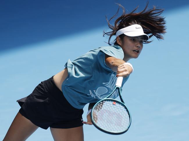 Emma Raducanu warms up at Melbourne Park. Picture: Michael Klein