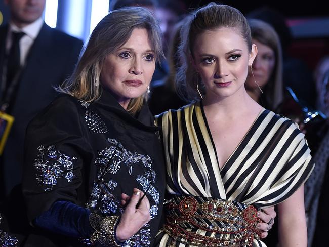 Carrie Fisher, left, and daughter Billie Lourd arrive at the world premiere of Star Wars: The Force Awakens. Picture: AP