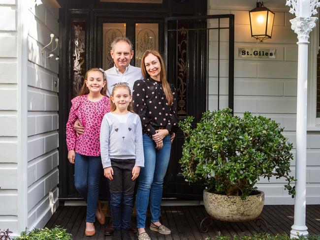 MOSMAN DAILY/AAP Adam and Francine Field with their daughters Charlotte and Anna at their home at 44 Cowles Rd, Mosman, NSW. Sunday 2nd June 2019. The home is currently for sale and was once home to William Dind, North Sydney's first mayor. AAP IMAGE/Jordan Shields)