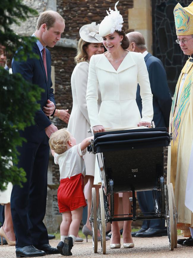 Catherine, Duchess of Cambridge, Prince William, Duke of Cambridge, Princess Charlotte of Cambridge and Prince George of Cambridge leave the Church of St Mary Magdalene on the Sandringham Estate for the Christening of Princess Charlotte of Cambridge on July 5, 2015 in King’s Lynn, England. Picture: Getty