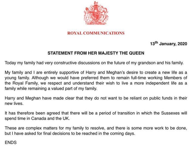 The Queen’s full statement. Picture: Supplied