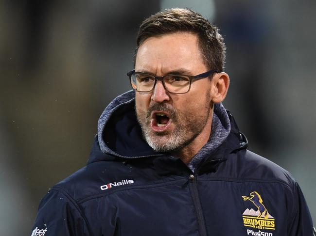 Brumbies coach Dan McKellar reacts during the Super Rugby quarter final match between the ACT Brumbies and the Sharks at GIO Stadium in Canberra, Saturday, June 22, 2019. (AAP Image/Lukas Coch) NO ARCHIVING, EDITORIAL USE ONLY