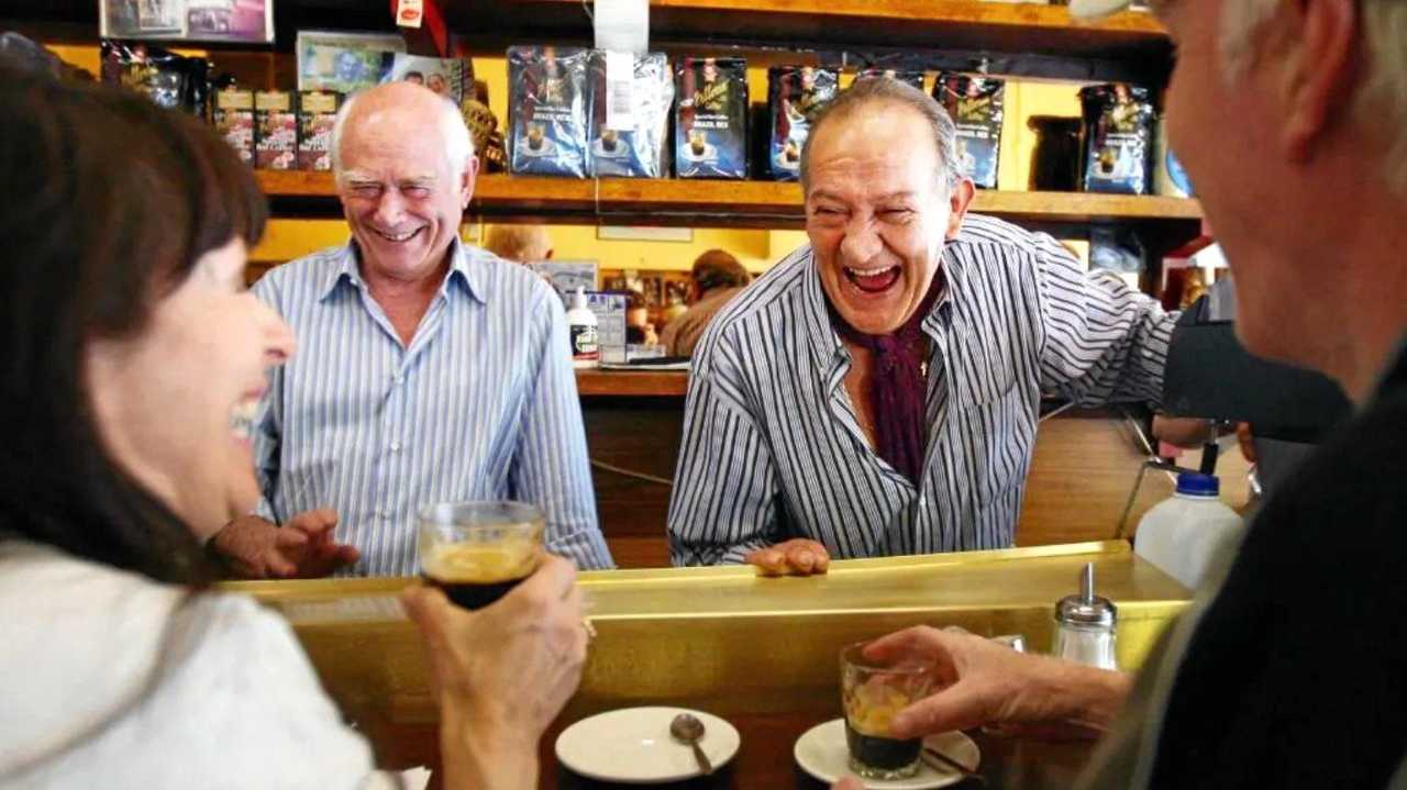 Sisto Malaspina (right) and his business partner Nino Pangrazio at their cafe Pellegrini's on Bourke St. Mr Malaspina died in the recent attack, which saw the heroics of Melbourne's "trolley man”. Picture: File