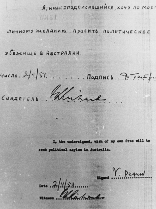 Vladimir Petrov’s letter seeking political asylum in Australia, signed on April 2, 1954, by Petrov and witnessed by ASIO second-in-command Ron Richards. Picture: News Corp Australia