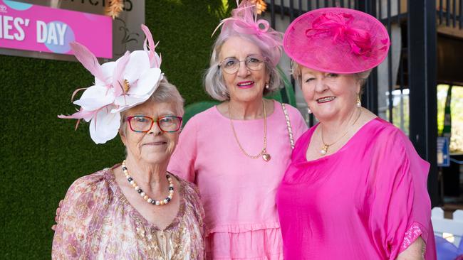 Dot Williams, Glenda Mccann and Bronwyn Russell at the 2023 Darwin Cup Carnival Ladies Day. Picture: Pema Tamang Pakhrin