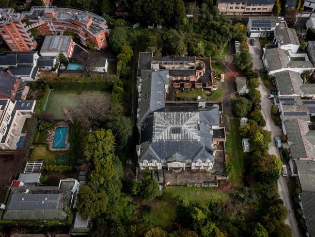 An aerial view of the Toorak mansion. Picture: Jake Nowakowski