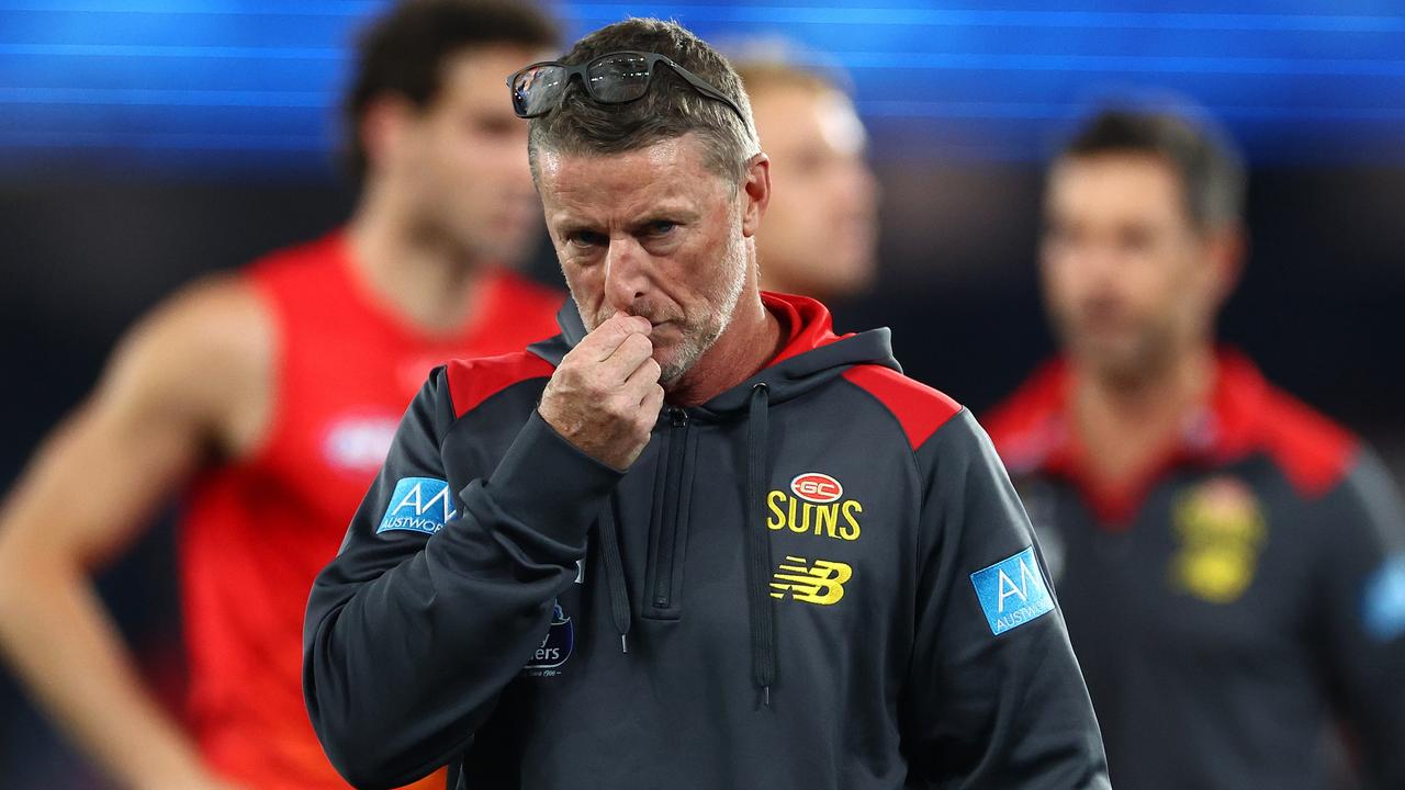MELBOURNE, AUSTRALIA - JULY 06: Damien Hardwick, Senior Coach of the Suns looks on during the round 17 AFL match between North Melbourne Kangaroos and Gold Coast Suns at Marvel Stadium, on July 06, 2024, in Melbourne, Australia. (Photo by Quinn Rooney/Getty Images)