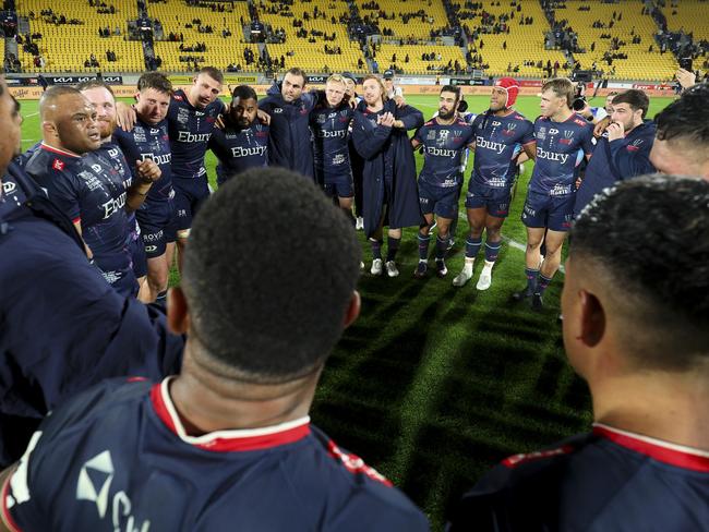 Rebels players form a huddle after their final Super Rugby game. Picture: Hagen Hopkins/Getty Images