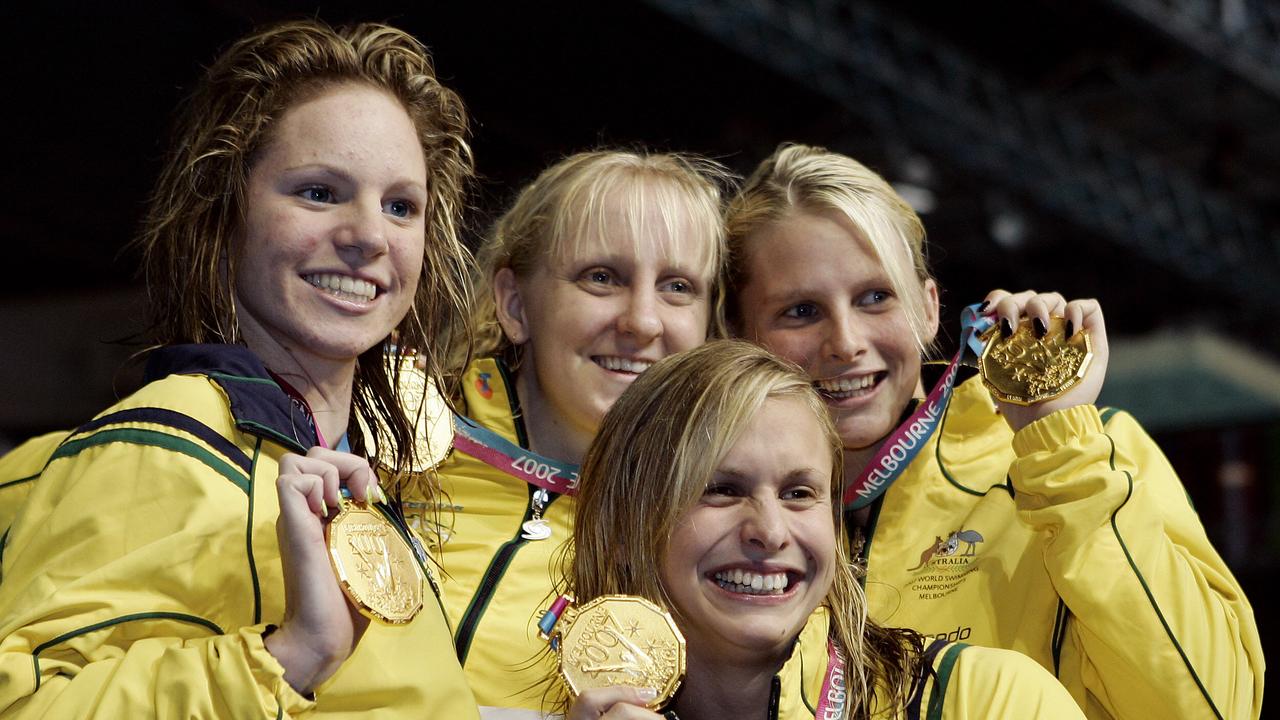 Jones (far right), seen alongside Emily Seebohm, Jessica Schipper and Lisbeth Lenton, is one of Australia’s most decorated Olympians. Photo: Mark Baker