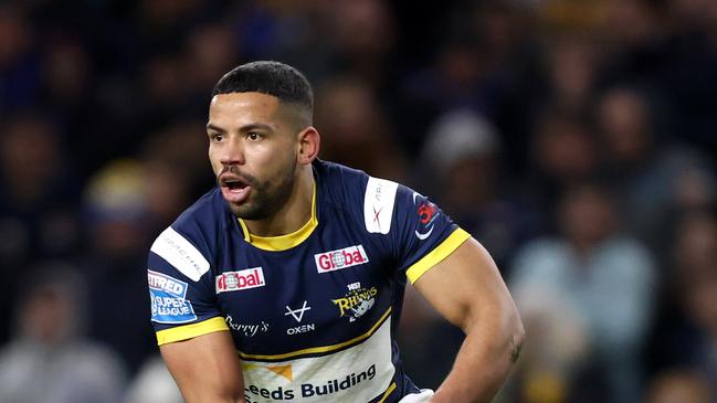 LEEDS, ENGLAND - FEBRUARY 24: Kruise Leeming of Leeds Rhinos runs with the ball during the Betfred Super League match between Leeds Rhinos and Hull FC at Headingley on February 24, 2023 in Leeds, England. (Photo by George Wood/Getty Images)