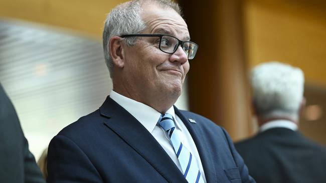 CANBERRA, AUSTRALIA - NOVEMBER 30:  Scott Morrison attends the Tony Abbott Portrait reveal in the Members Hall at Parliament House in Canberra. Picture: NCA NewsWire / Martin Ollman