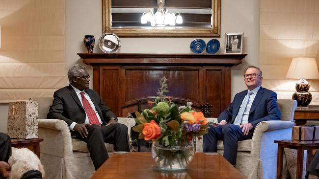 Prime Minister Anthony Albanese meets with his Solomon Islands counterpart Manasseh Sogavare at the Lodge in Canberra. Picture: PMO