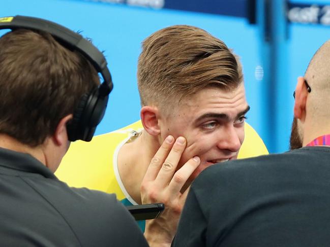 BRISBANE, AUSTRALIA - APRIL 07:  Matt Glaetzer of Australia speaks to the media after he is knocked out in the Men's Sprint 1/8 Finals during Cycling on day three of the Gold Coast 2018 Commonwealth Games at Anna Meares Velodrome on April 7, 2018 on the Brisbane, Australia.  (Photo by Ryan Pierse/Getty Images)