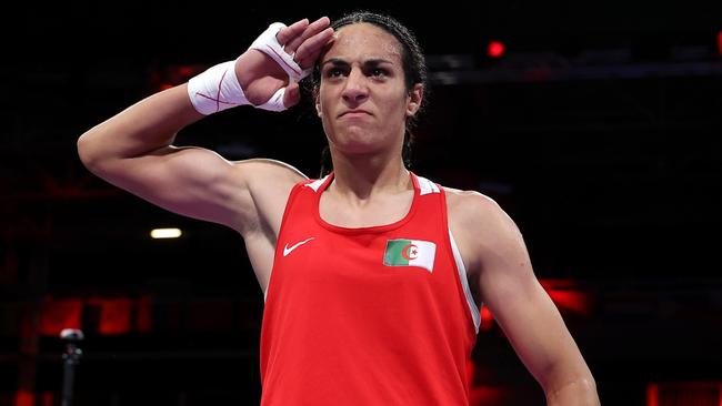 Algerian boxer Imane Khelif celebrates victory over Anna Luca Hamori of Team Hungary in the women's 66kg quarter-final. Picture: Getty Images