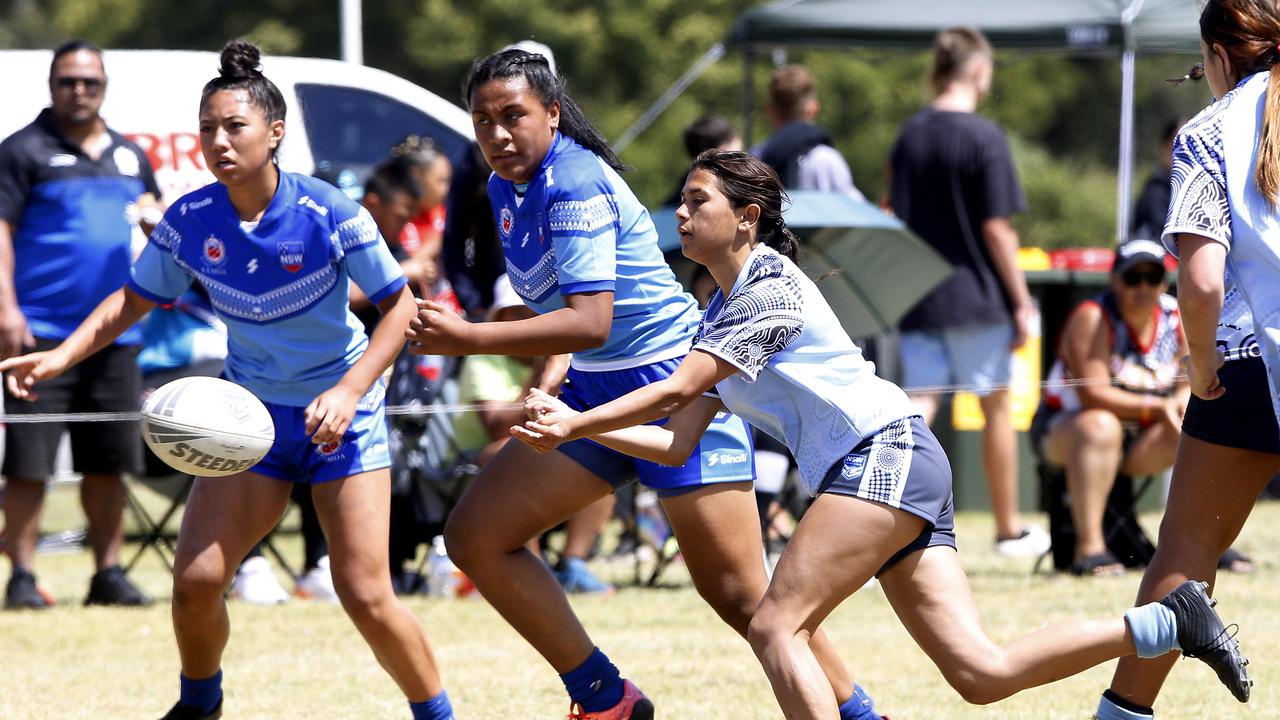 Action from Under 16 Girls NSW Indigenous v Samoa Blue. Harmony Nines Rugby League. Picture: John Appleyard