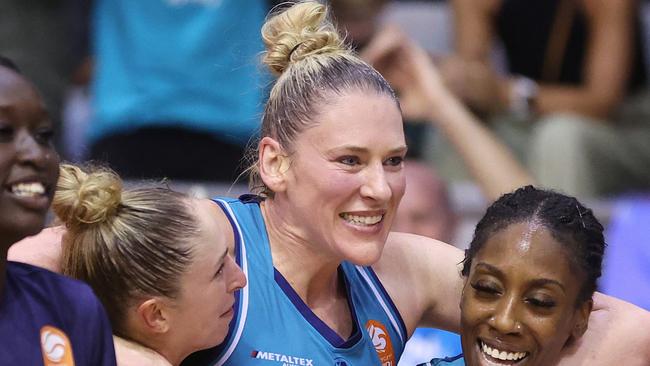 MELBOURNE, AUSTRALIA - MARCH 06: Rebecca Cole, Lauren Jackson, Klara Wischer and Jasmine Dickey of the Flyers celebrate winning game three of the WNBL Semi Final series between Southside Flyers and Melbourne Boomers at Melbourne Sports Centres - Parkville, on March 06, 2024, in Melbourne, Australia. (Photo by Daniel Pockett/Getty Images)