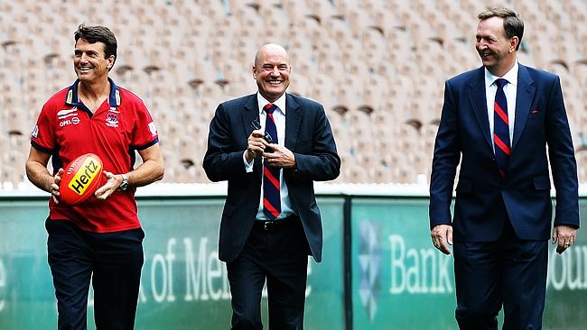 Melbourne President Glen Bartlett (right) after the announcement of Paul Roos as coach last year.