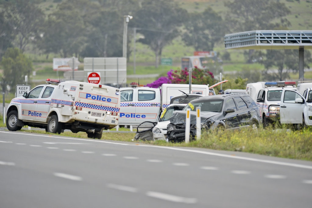 Fatal two-vehicle crash that has occurred on the Warrego Hwy at Niemeyer Rd. Picture: Cordell Richardson