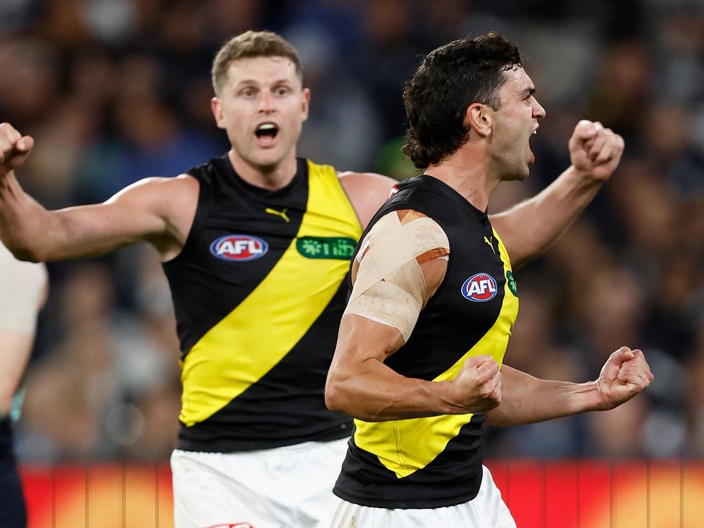 Tim Taranto celebrates a goal against the Blues. Picture: Michael Willson/AFL Photos via Getty Images