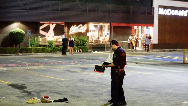 Police on scene after an affray outside Panthers McDonald’s last February that left two men injured. Dean Hooper was today sentenced for his role in the incident. Picture: Steve Tyson