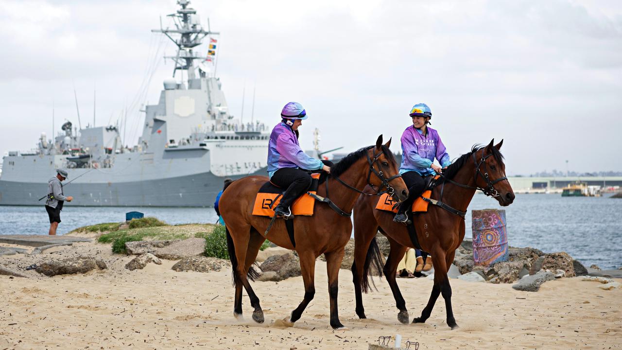 Emily Harrison on Fulfilled and Marine Distler on Barazin check out Horseshoe Beach at Newcastle ahead of this Saturday’s The Hunter race day. Picture: Adam Yip