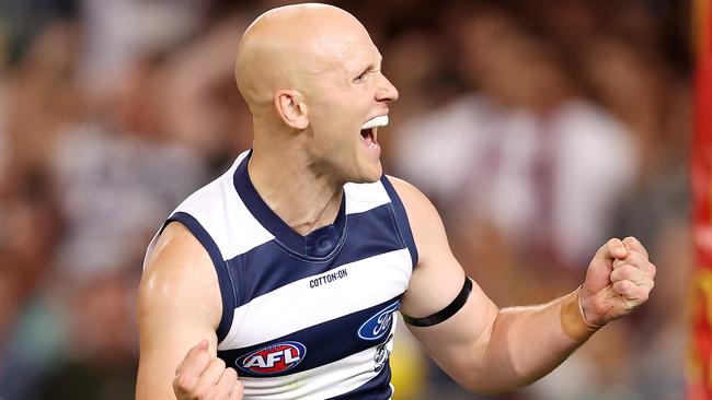 Gary Ablett celebrates one of his goals in Geelong’s preliminary final win.