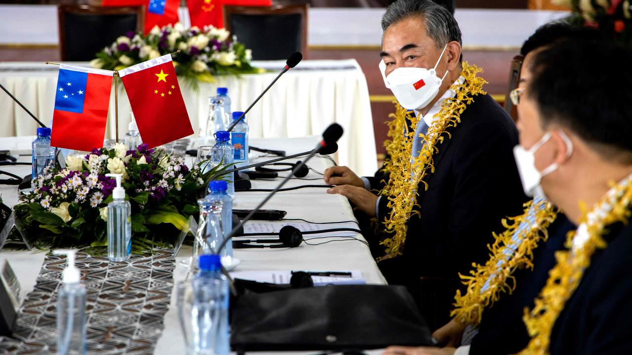 Chinese Foreign Minister Wang Yi holding a meeting with Samoa Prime Minister Fiame Naomi Mataafa in Apia, Samoa. Picture: Vaitogi Asuisui MATAFEO / SAMOA OBSERVER / AFP