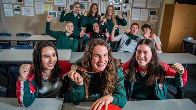 West Adelaide's Lauren Young won the SANFLW best and fairest on Tuesday night at just 15 years old. On Wednesday she was back at Henley High School, celebrating with classmates. Picture: Tom Huntley