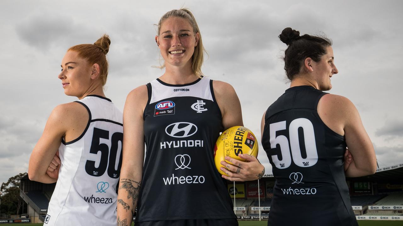 Carlton star Tayla Harris (centre) with Grace Egan and Lucy McEvoy at Ikon Park. Picture: Getty Images