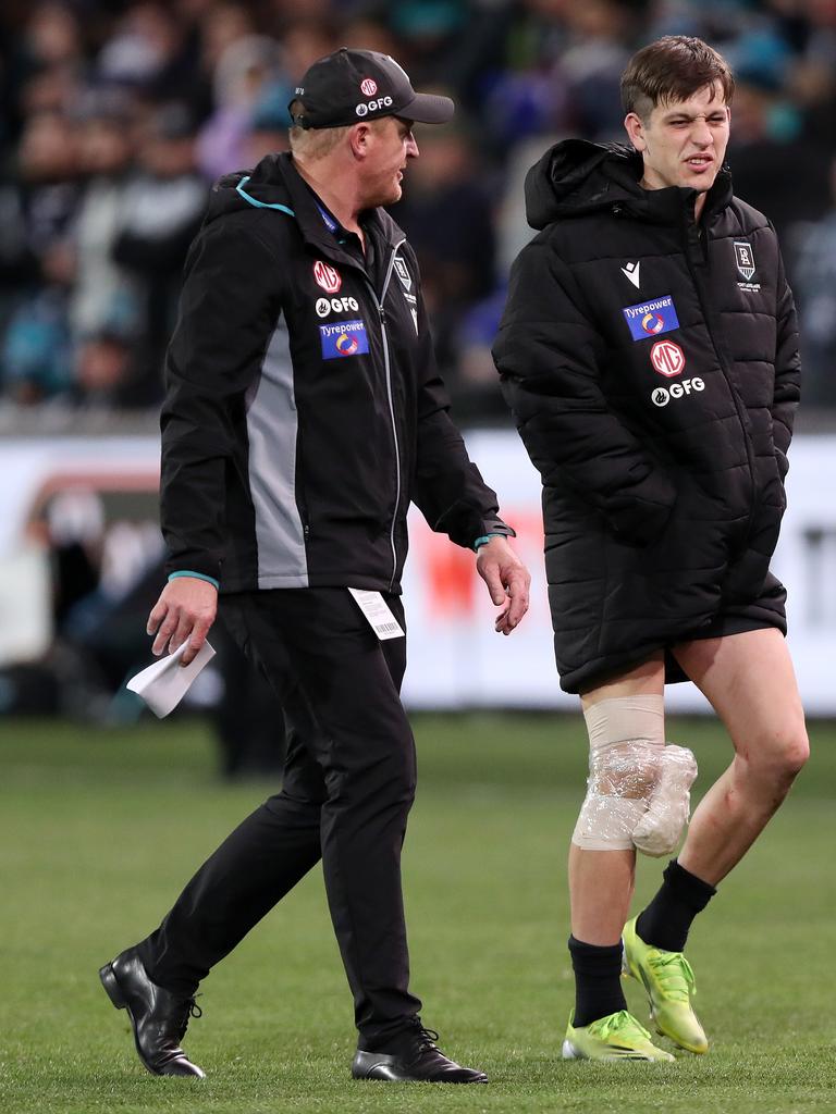 Butters had his right knee iced post-game. Picture: Sarah Reed/AFL Photos via Getty Images