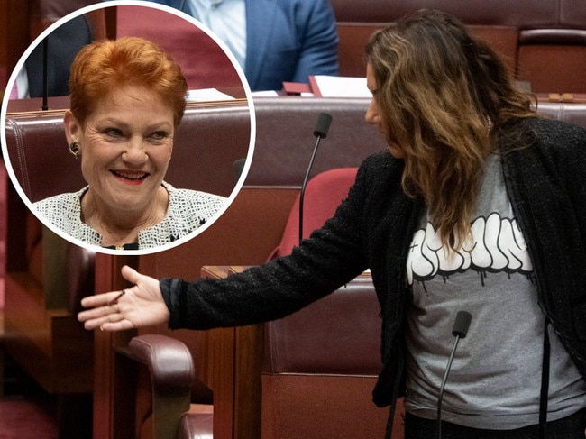 Senator Lidia Thorpe gestures to Pauline Hanson. Picture: Supplied