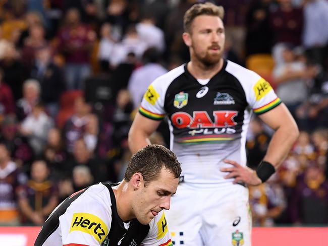 Panthers player Isaah Yeo and Bryce Cartwright after losing to the Broncos.