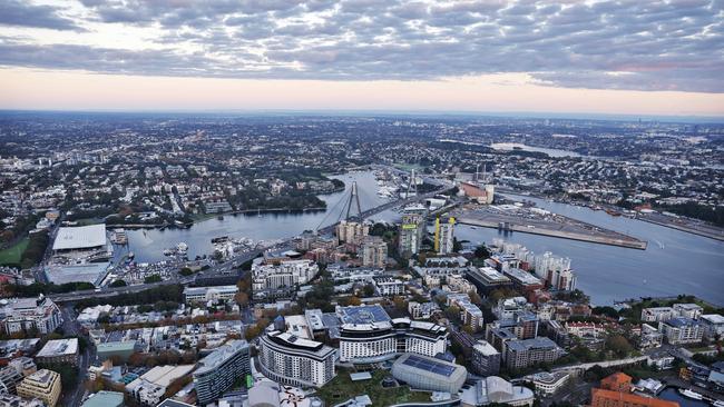 DAILY TELEGRAPH -  7.5.25Sydney at sunrise pictured from a helicopter.  Looking over Pyrmont bridge towards the west.  Picture: Sam Ruttyn