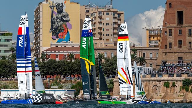 France SailGP Team helmed by Quentin Delapierre, Australia SailGP Team helmed by Tom Slingsby and Germany SailGP Team helmed by Erik Heil. Picture: Ricardo Pinto/SailGP.