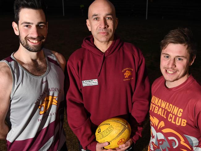 Marty Lambe(Right), Paul Been(2nd from right) and Luke Bogden(3rd from right) pose for a photograph at Koonung Reserve in Blackburn north, Melbourne on Thursday, August 17, 2017. (AAP Image/James Ross) NO ARCHIVING