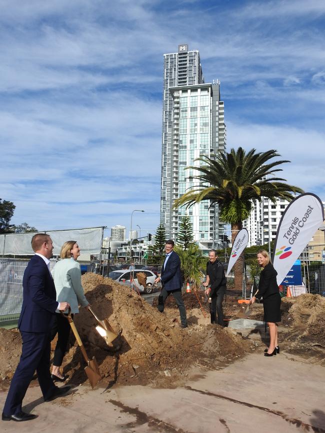 Cr Brooke Patterson, MP Rob Molhoek, MP Angie Bell, Warwick Nicol (President of Tennis Queensland), Mike Ford (President of Tennis Gold Coast) and Scott Callinan (Senior Project Manager - Synergy Resource Management) all take part in a sod turning ceremony. Pic: Supplied.